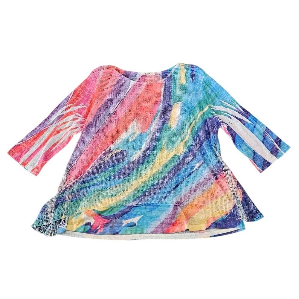 Jess & Jane Womens 1X Tunic Top Multi Color Abstract Mesh Artsy Lightweight